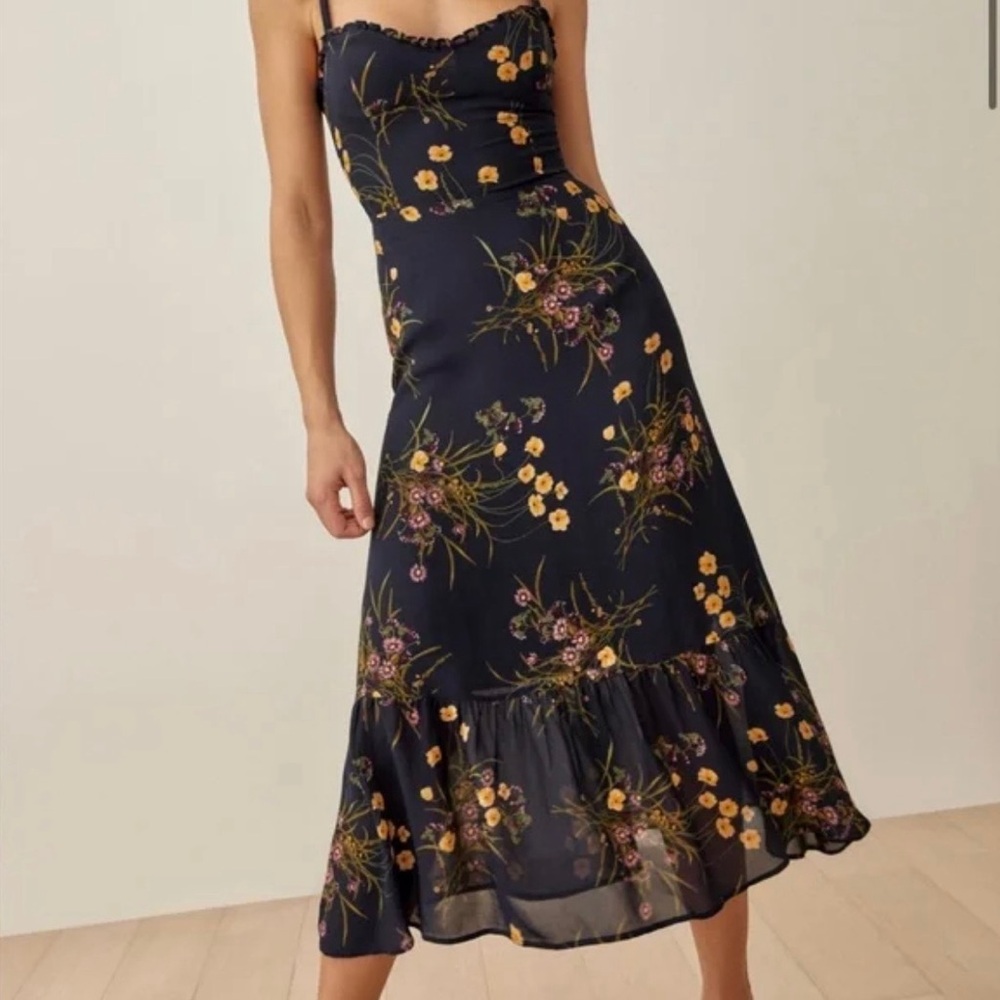 Reformation Gold Ruched Ruffled Midi Dress